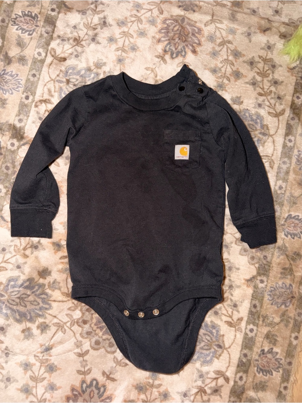 Carhartt 9M Black Long-Sleeve Baby Bodysuit with Chest Pocket Logo